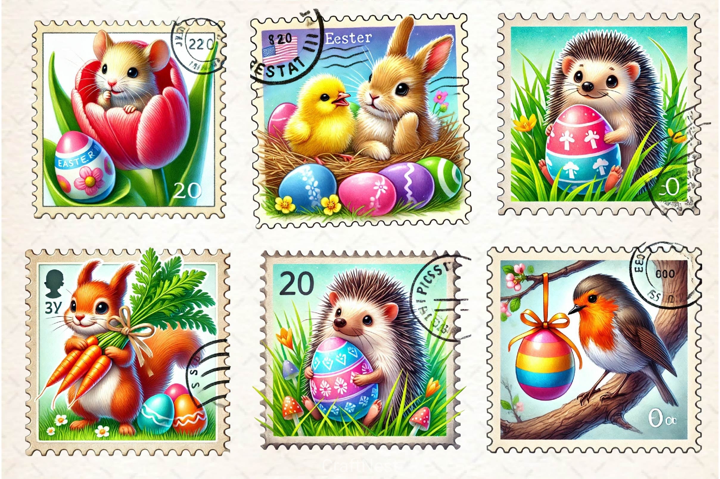 Easter Animals Postage Stamp Clipart Bundle 2 - CraftNest - Digital Crafting and Art