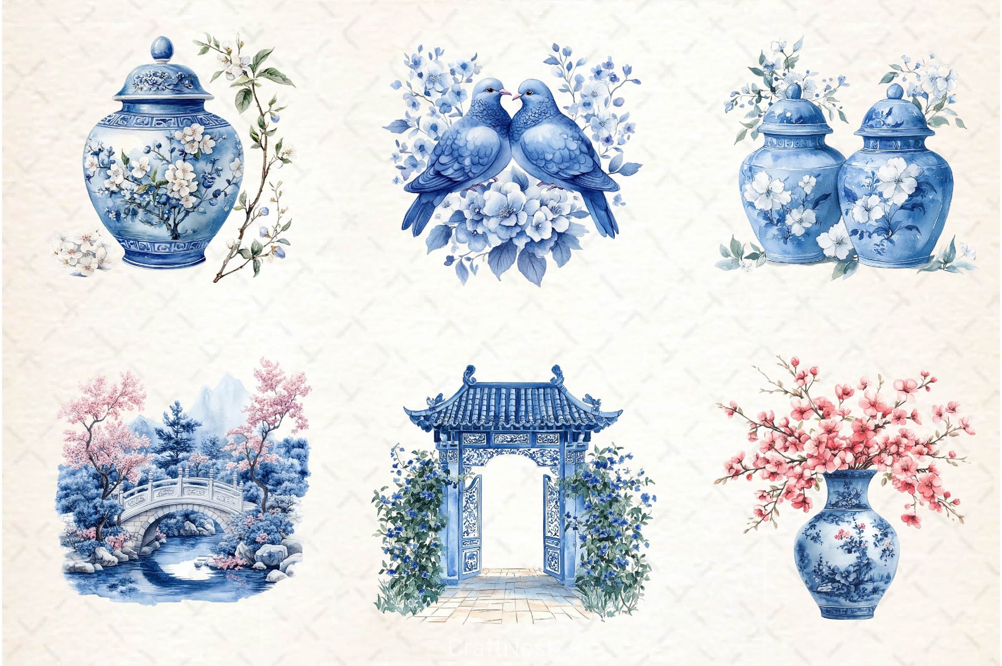 Blue Chinoiserie Spring Clipart Bundle 2 - CraftNest - Digital Crafting and Art
