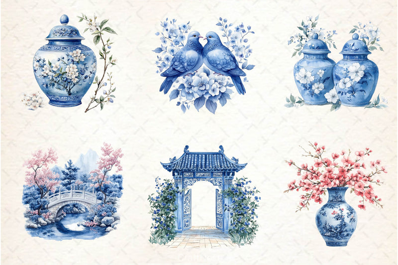 Blue Chinoiserie Spring Clipart Bundle 2 - CraftNest - Digital Crafting and Art