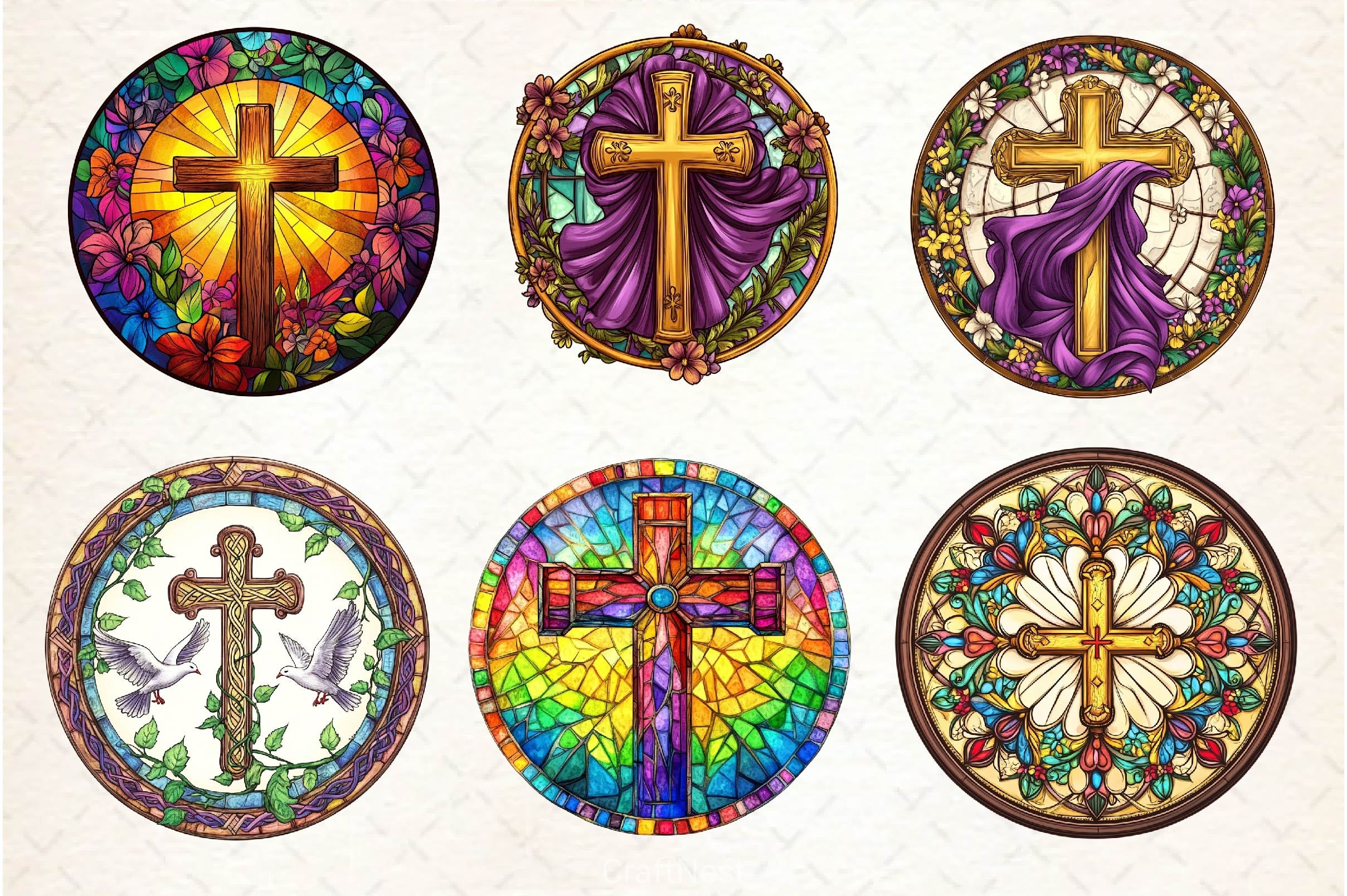 Christian Cross Round Stained Glass Art Clipart Bundle - CraftNest - Digital Crafting and Art
