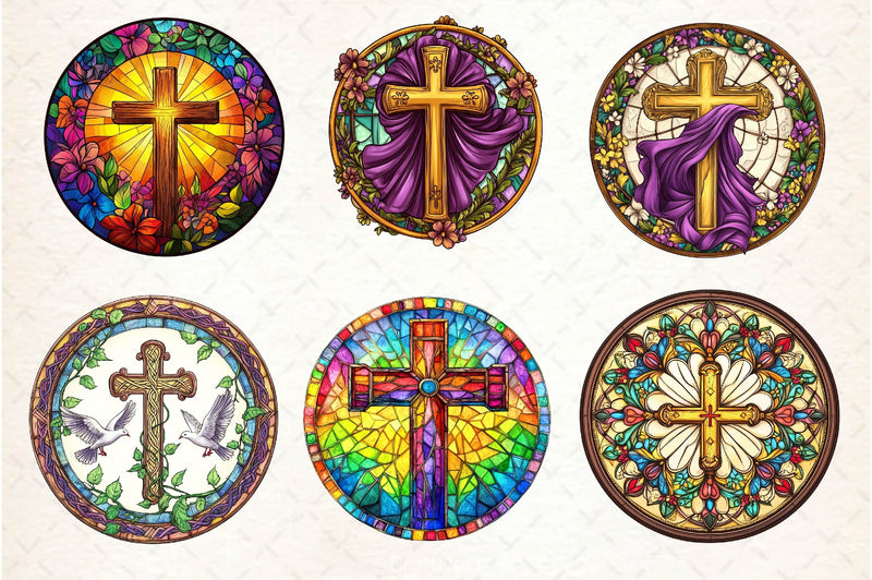 Christian Cross Round Stained Glass Art Clipart Bundle - CraftNest - Digital Crafting and Art