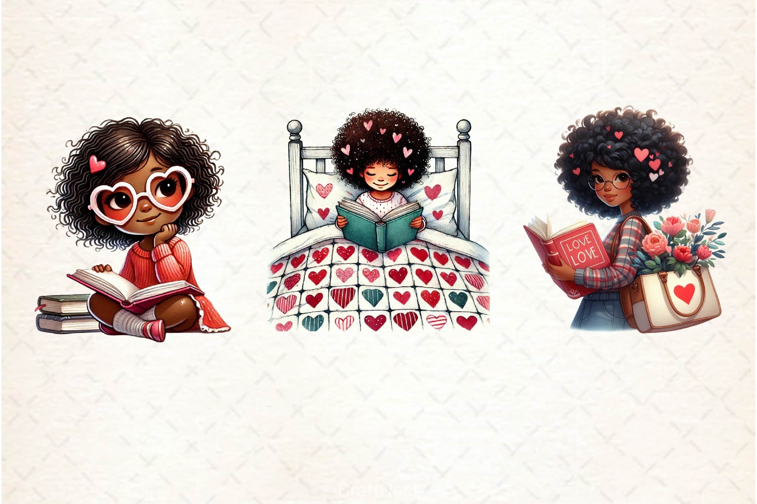 Valentine's Day Bookworm African Girl Clipart Bundle - CraftNest - Digital Crafting and Art