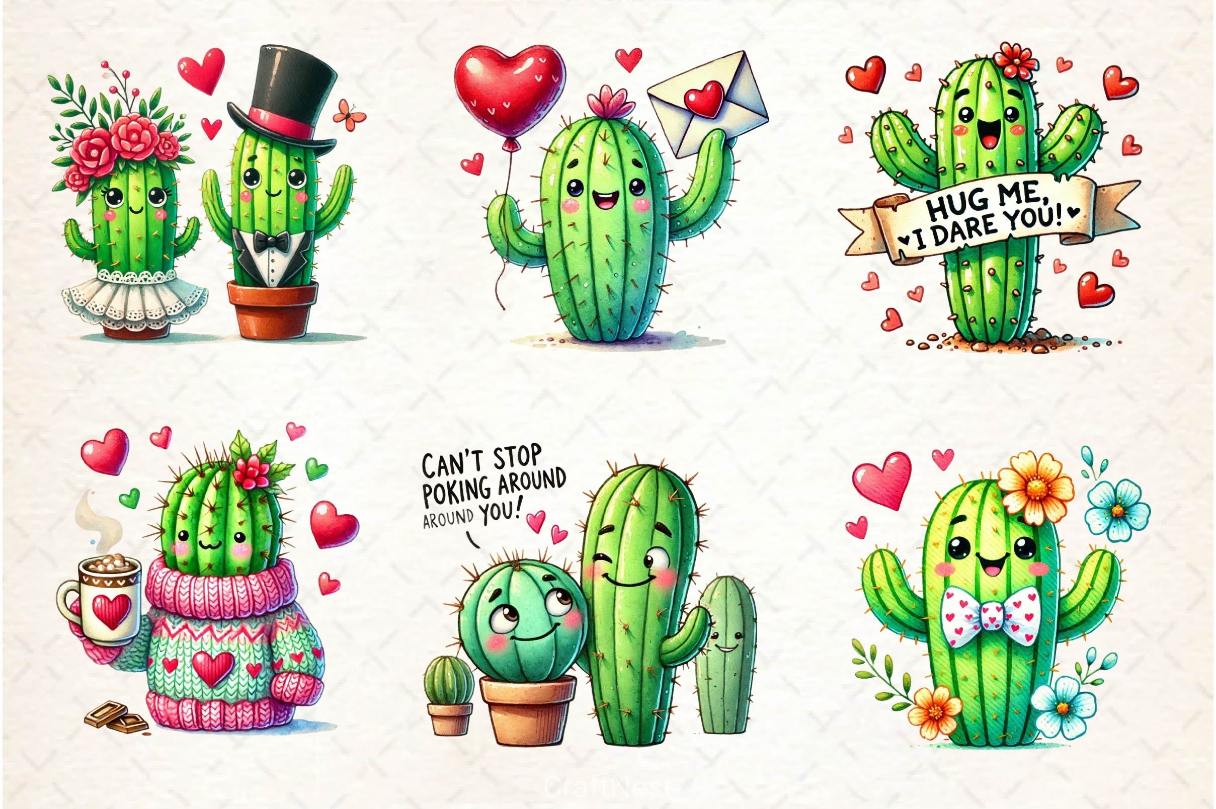 Cute Valentine Funny Cactus Clipart Bundle - CraftNest - Digital Crafting and Art