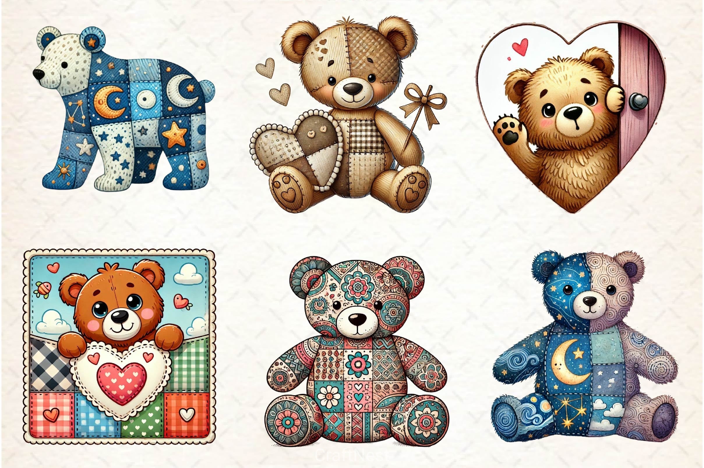 Patchwork Valentine's Day Teddy Bear Clipart Bundle - CraftNest - Digital Crafting and Art