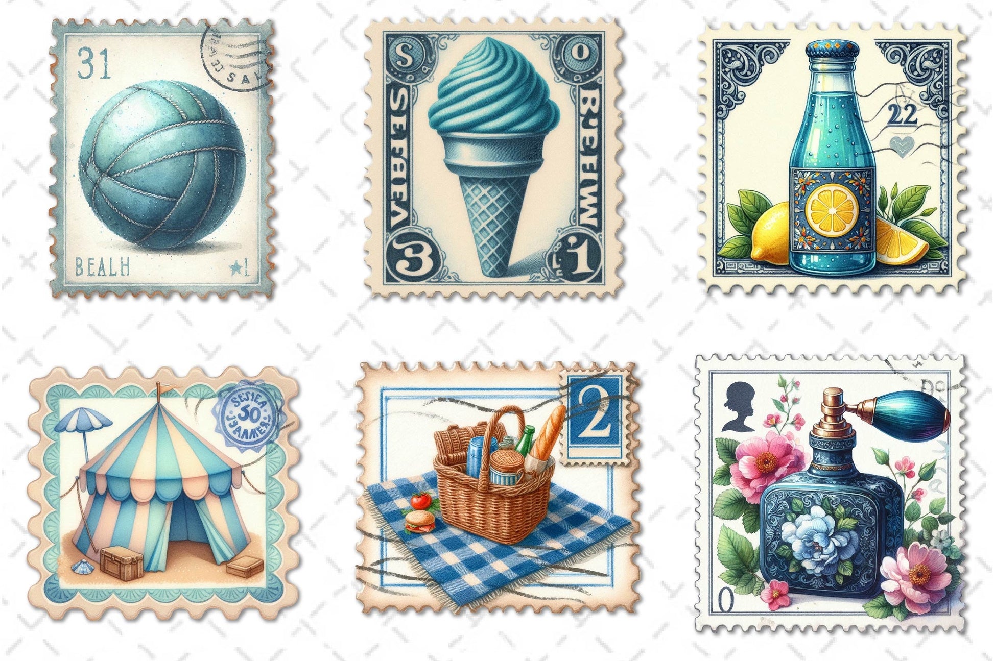 Blue Summer 1920 Postage Stamp Clipart Bundle - CraftNest - Digital Crafting and Art