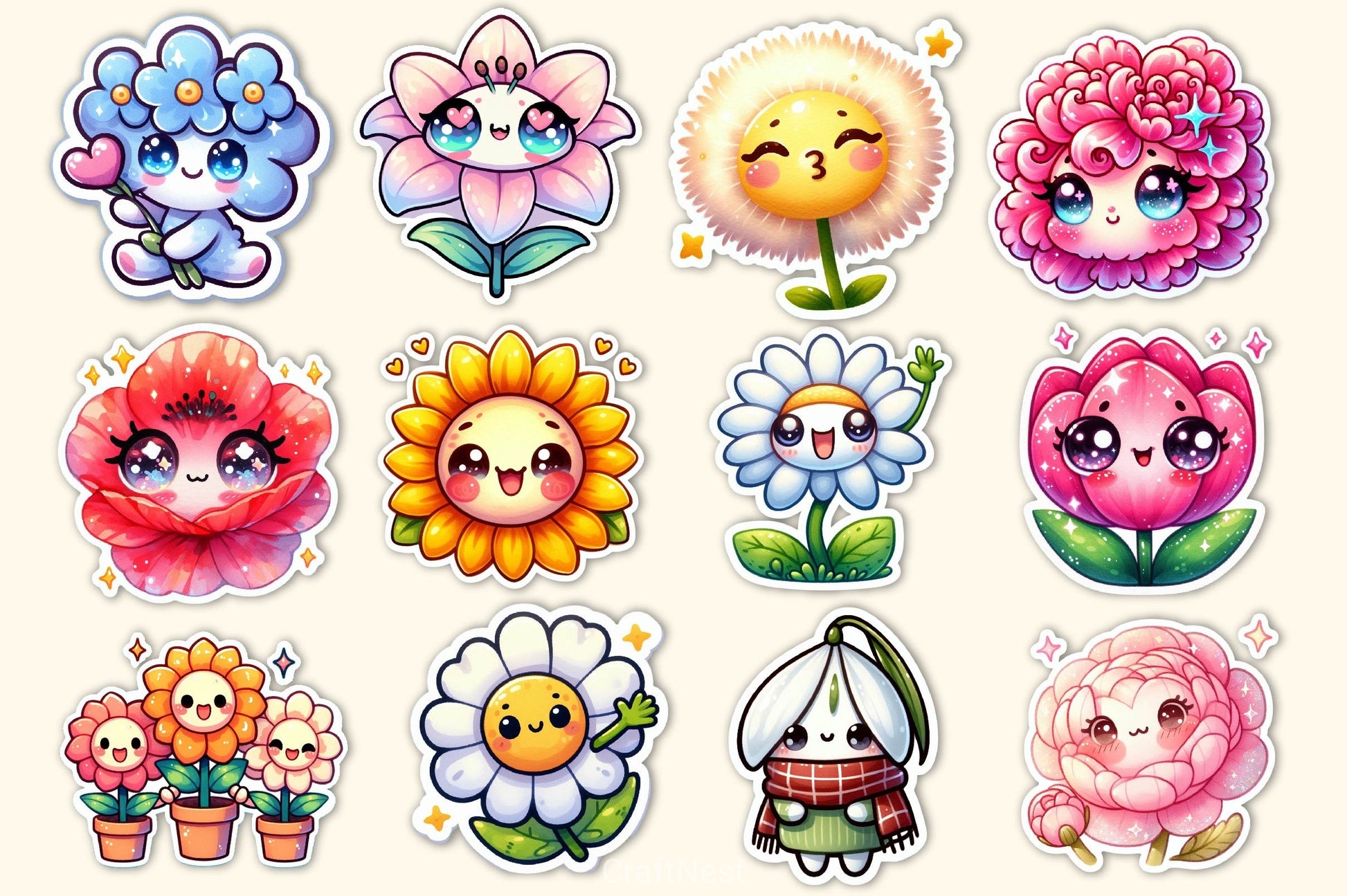 Kawaii Flowers Stickers Sticker Clipart Bundle - CraftNest - Digital Crafting and Art