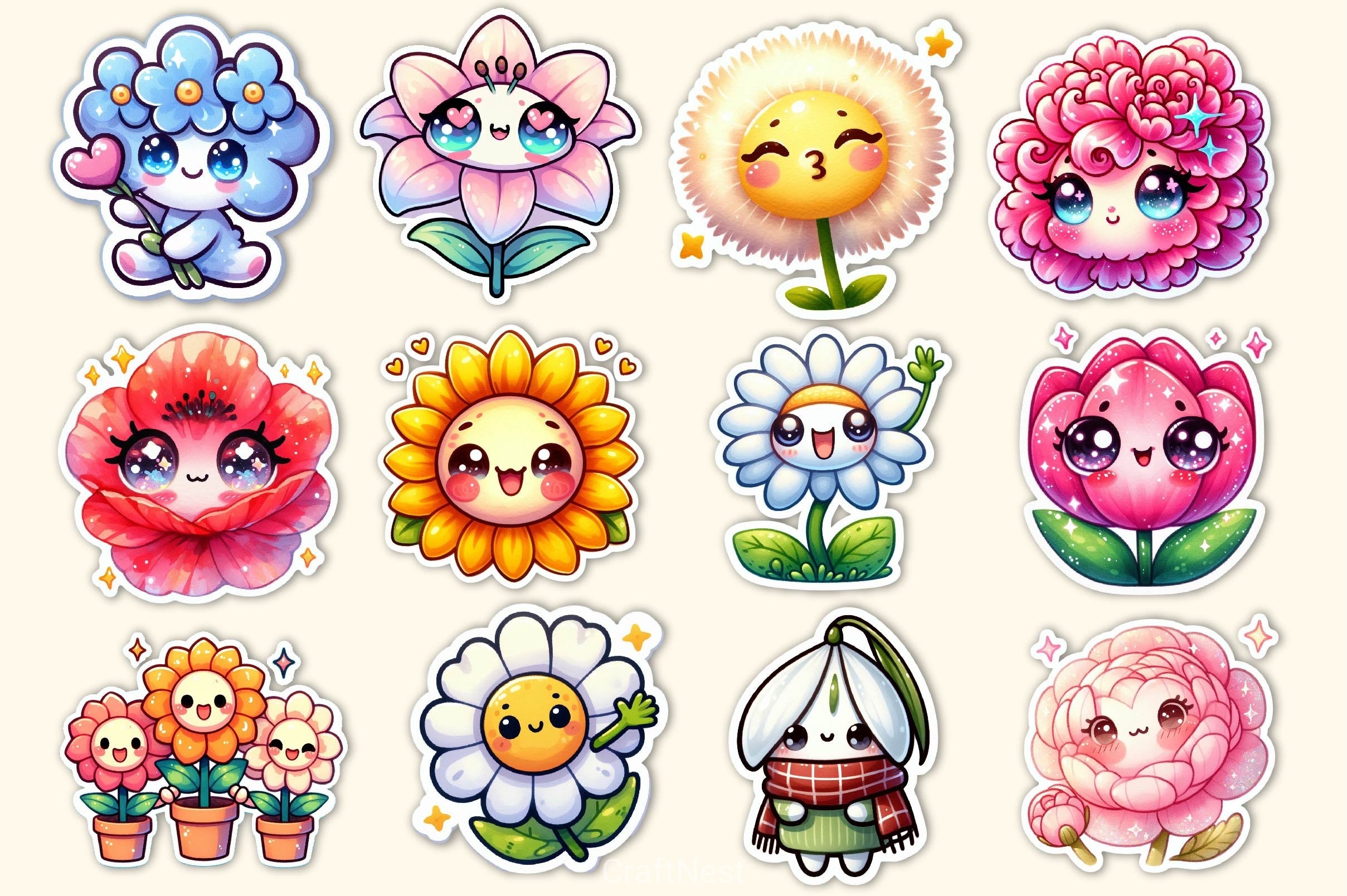 Kawaii Flowers Stickers Sticker Clipart Bundle - CraftNest - Digital Crafting and Art