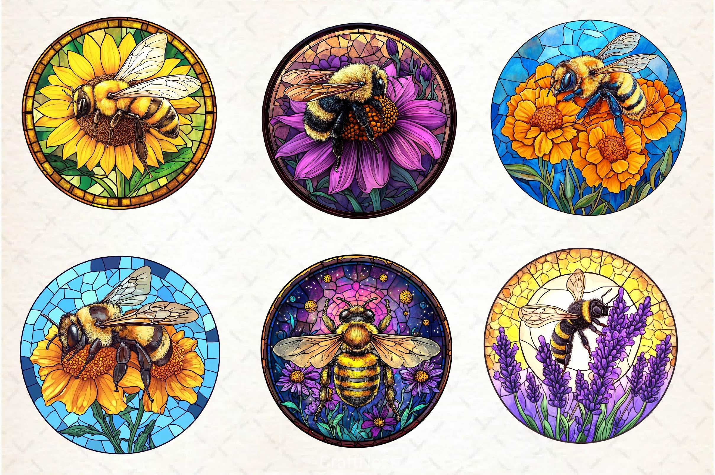 Bee With Flowers Round Stained Glass Art Clipart Bundle - CraftNest - Digital Crafting and Art