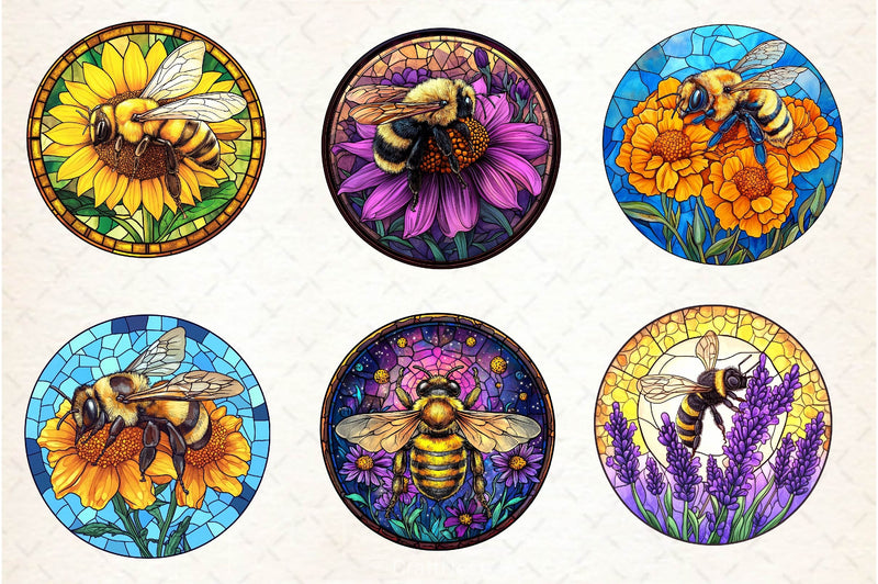 Bee With Flowers Round Stained Glass Art Clipart Bundle - CraftNest - Digital Crafting and Art