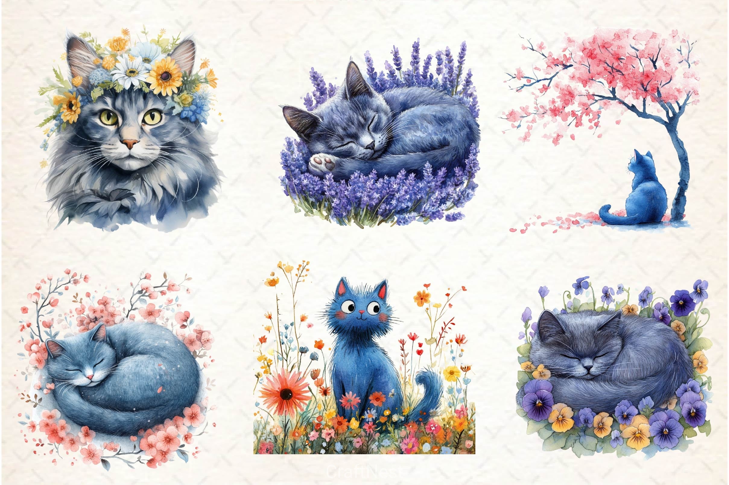 Spring Blue Cat Clipart Bundle - CraftNest - Digital Crafting and Art