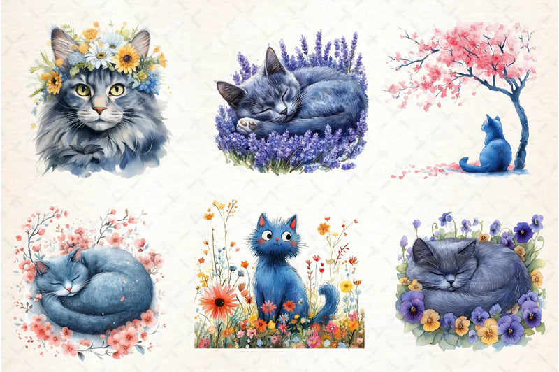 Spring Blue Cat Clipart Bundle - CraftNest - Digital Crafting and Art