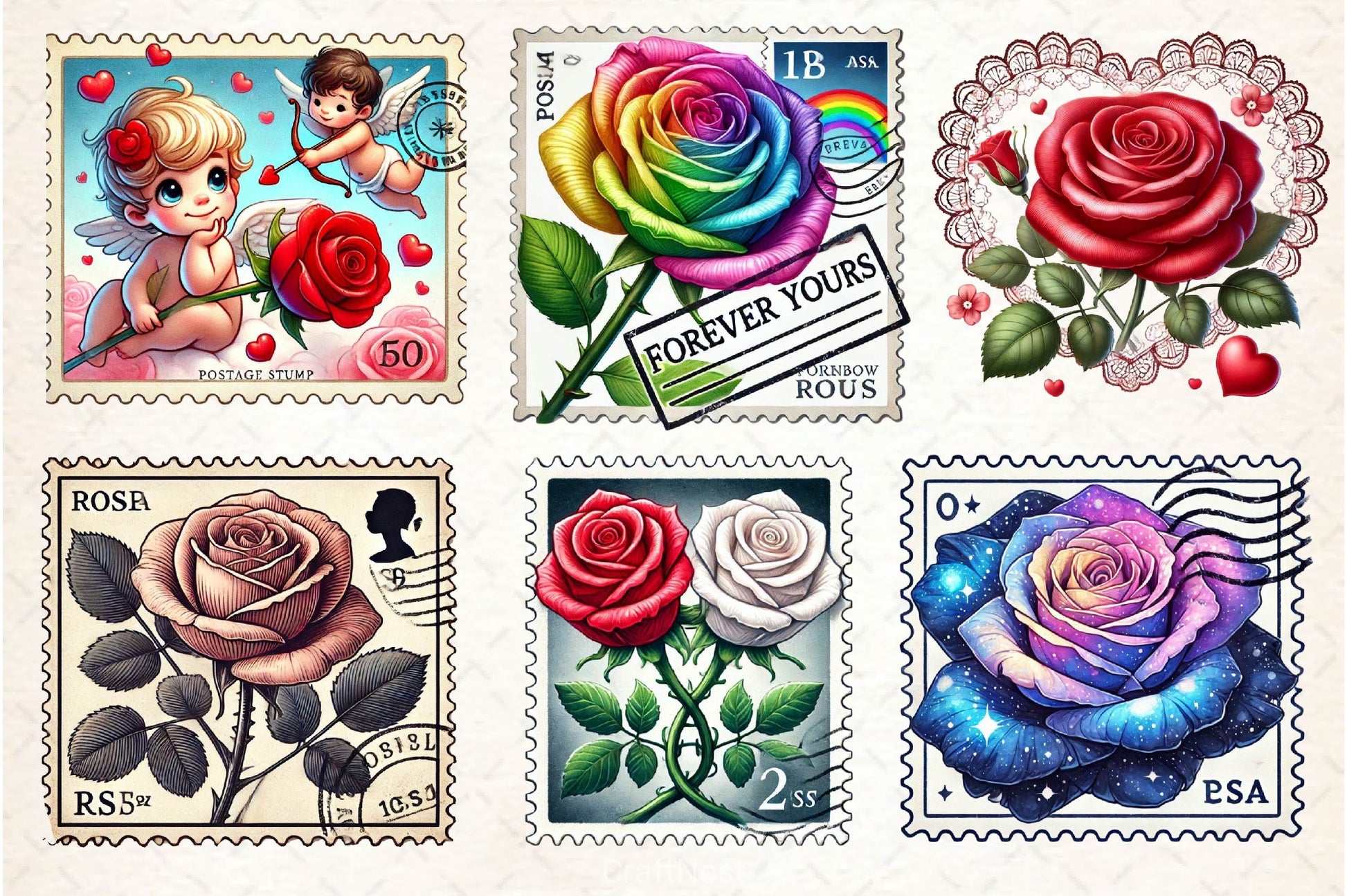 Valentine Rose Postage Stamp Clipart Bundle 2 - CraftNest - Digital Crafting and Art