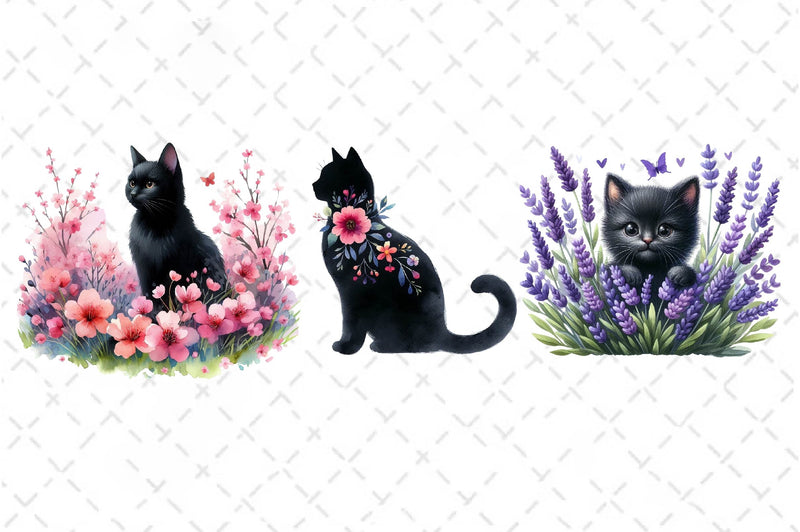 Floral Black Cat Clipart Bundle - CraftNest - Digital Crafting and Art