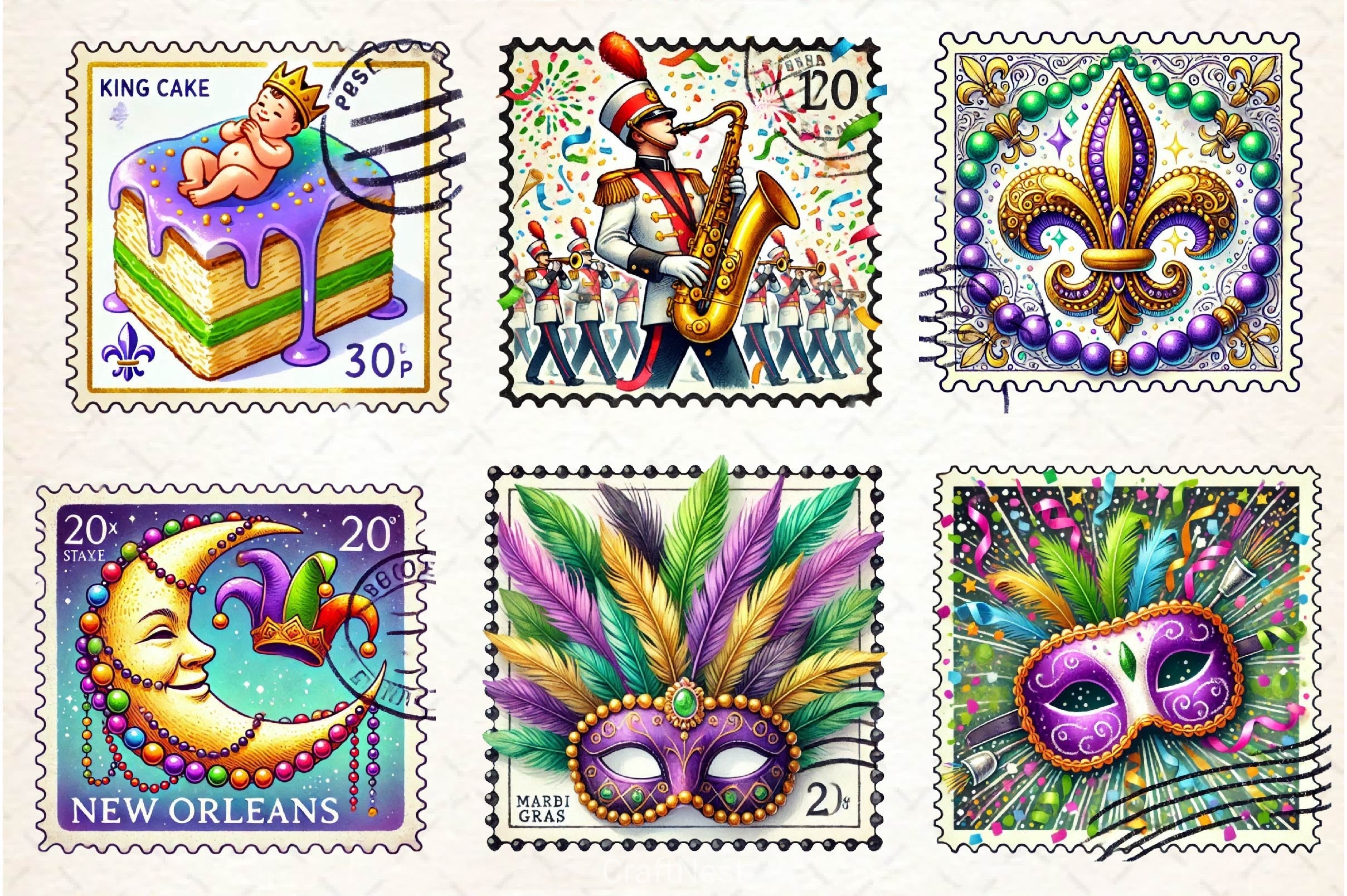 Mardi Gras Postage Stamp Clipart Bundle - CraftNest - Digital Crafting and Art