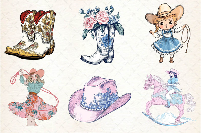 Cute Chinoiserie Cowgirl Clipart Bundle 2 - CraftNest - Digital Crafting and Art