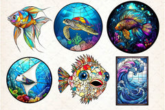 Round Stained Glass Sea Animals Clipart Bundle - CraftNest - Digital Crafting and Art