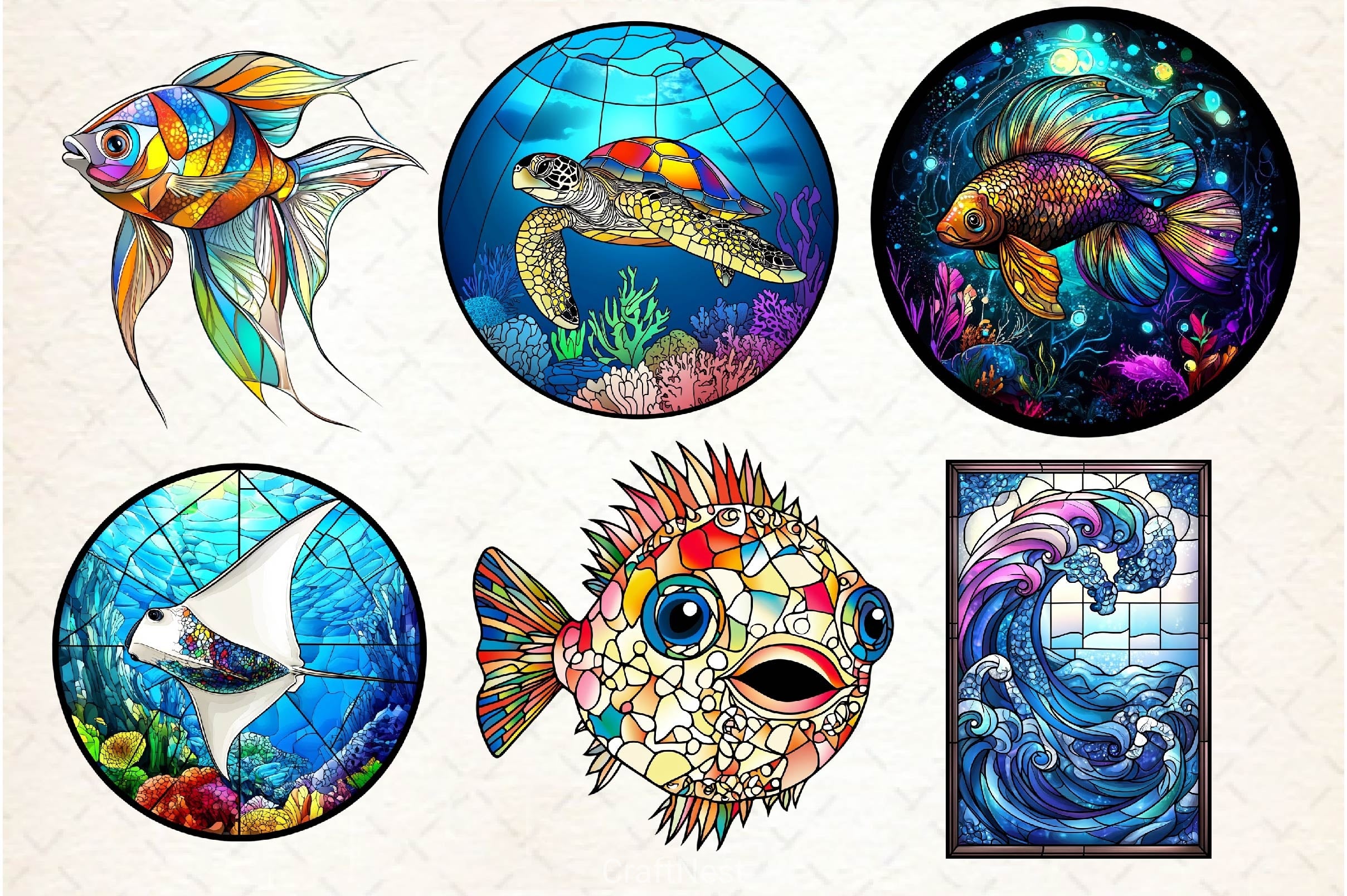Round Stained Glass Sea Animals Clipart Bundle - CraftNest - Digital Crafting and Art