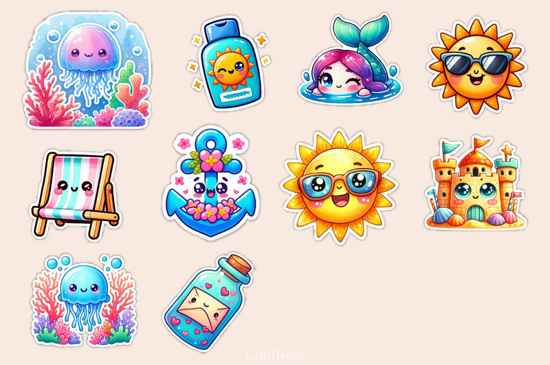 Kawaii Beach Clipart Bundle - CraftNest - Digital Crafting and Art