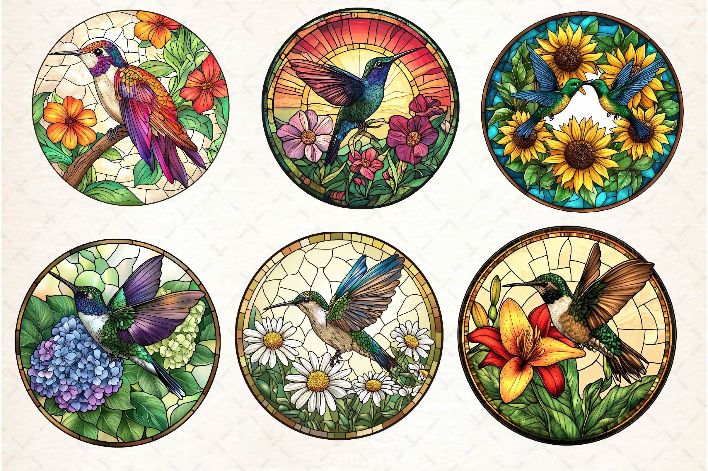 Hummingbird Flowers Round Stained Glass Clipart Bundle - CraftNest - Digital Crafting and Art