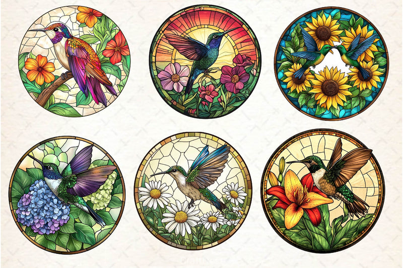Hummingbird Flowers Round Stained Glass Clipart Bundle - CraftNest - Digital Crafting and Art