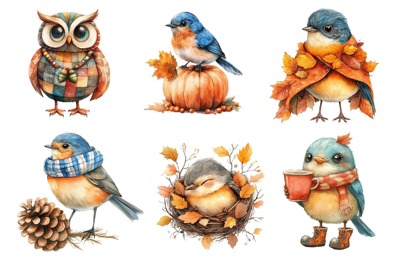 Whimsical Fall Autumn Birds Clipart Bundle - CraftNest - Digital Crafting and Art