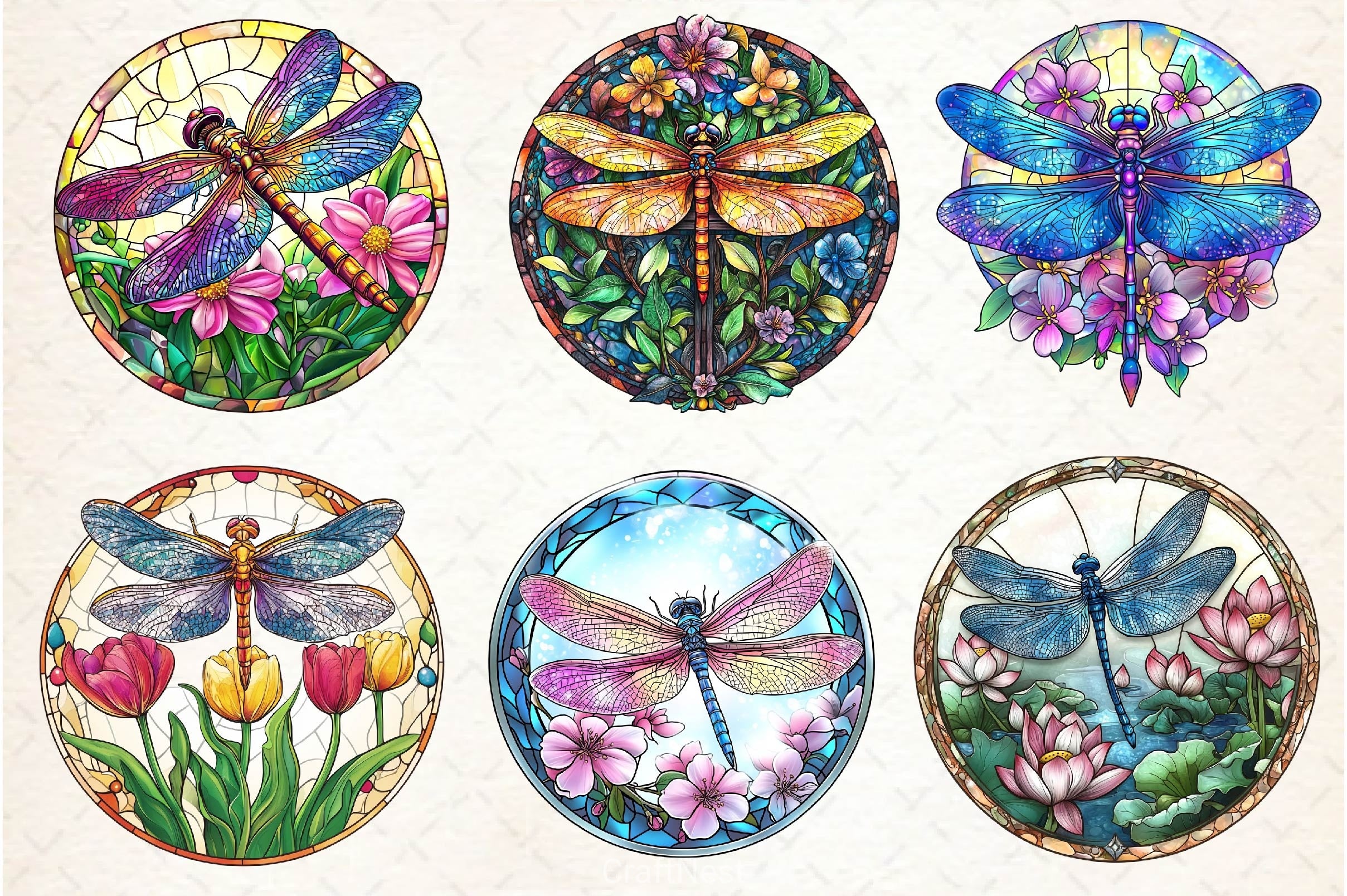 Dragonfly Spring Flower Stained Glass Clipart Bundle - CraftNest - Digital Crafting and Art