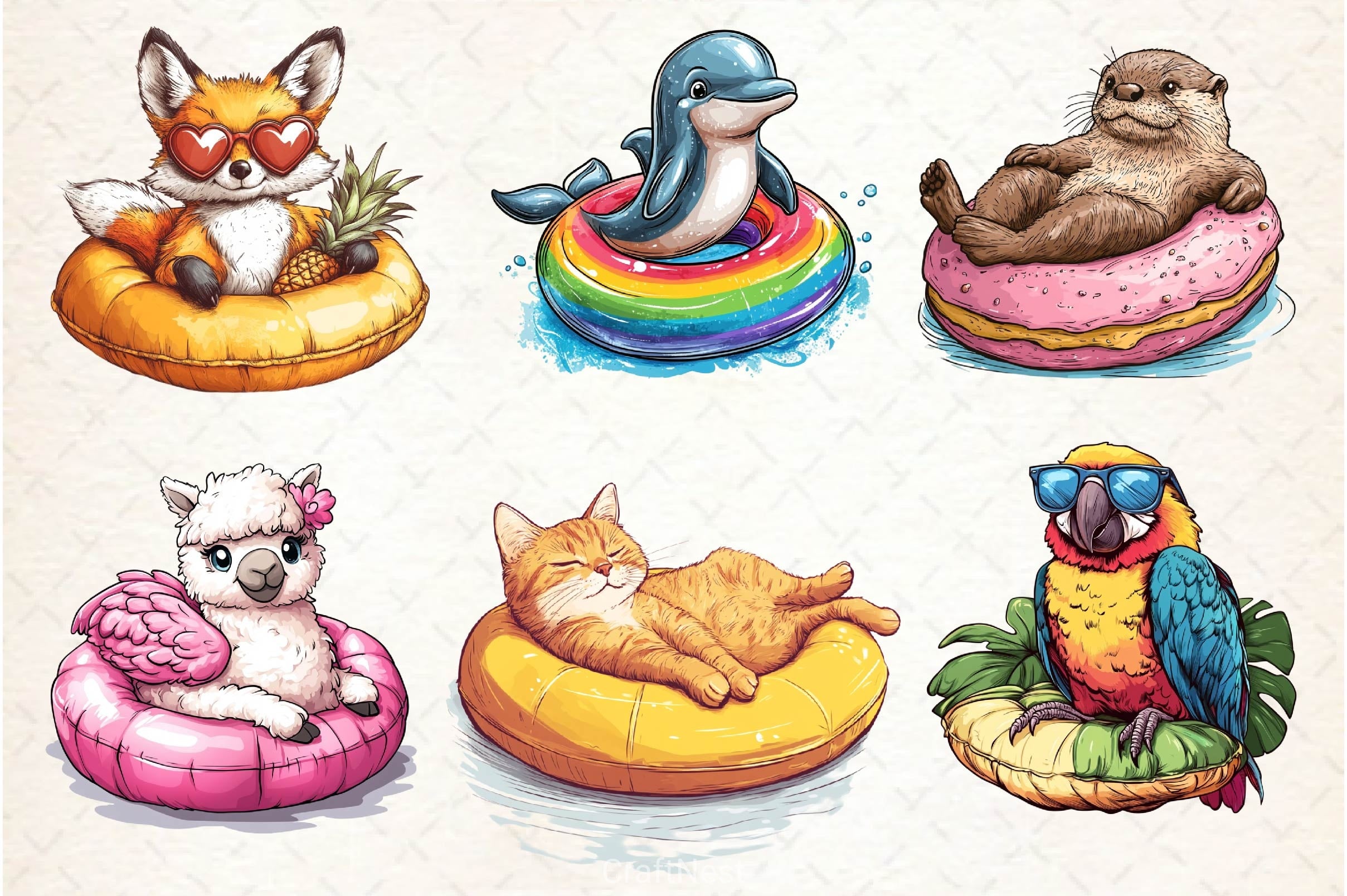 Summer Animals On Float Clipart Bundle 7 - CraftNest - Digital Crafting and Art