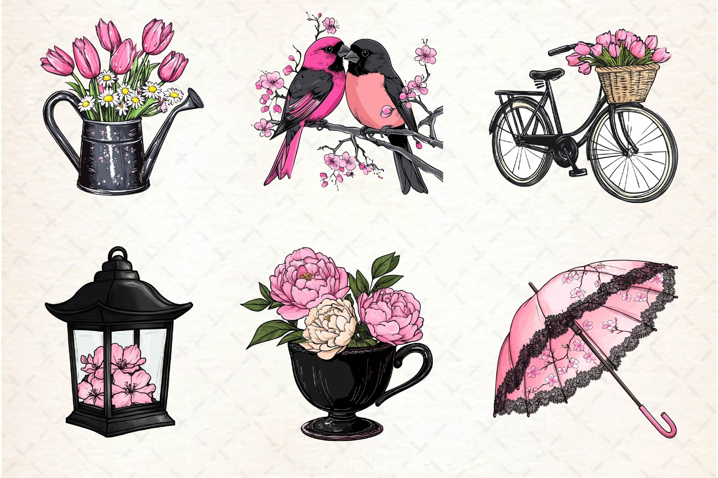 Black & Pink Spring Clipart Bundle 2 - CraftNest - Digital Crafting and Art