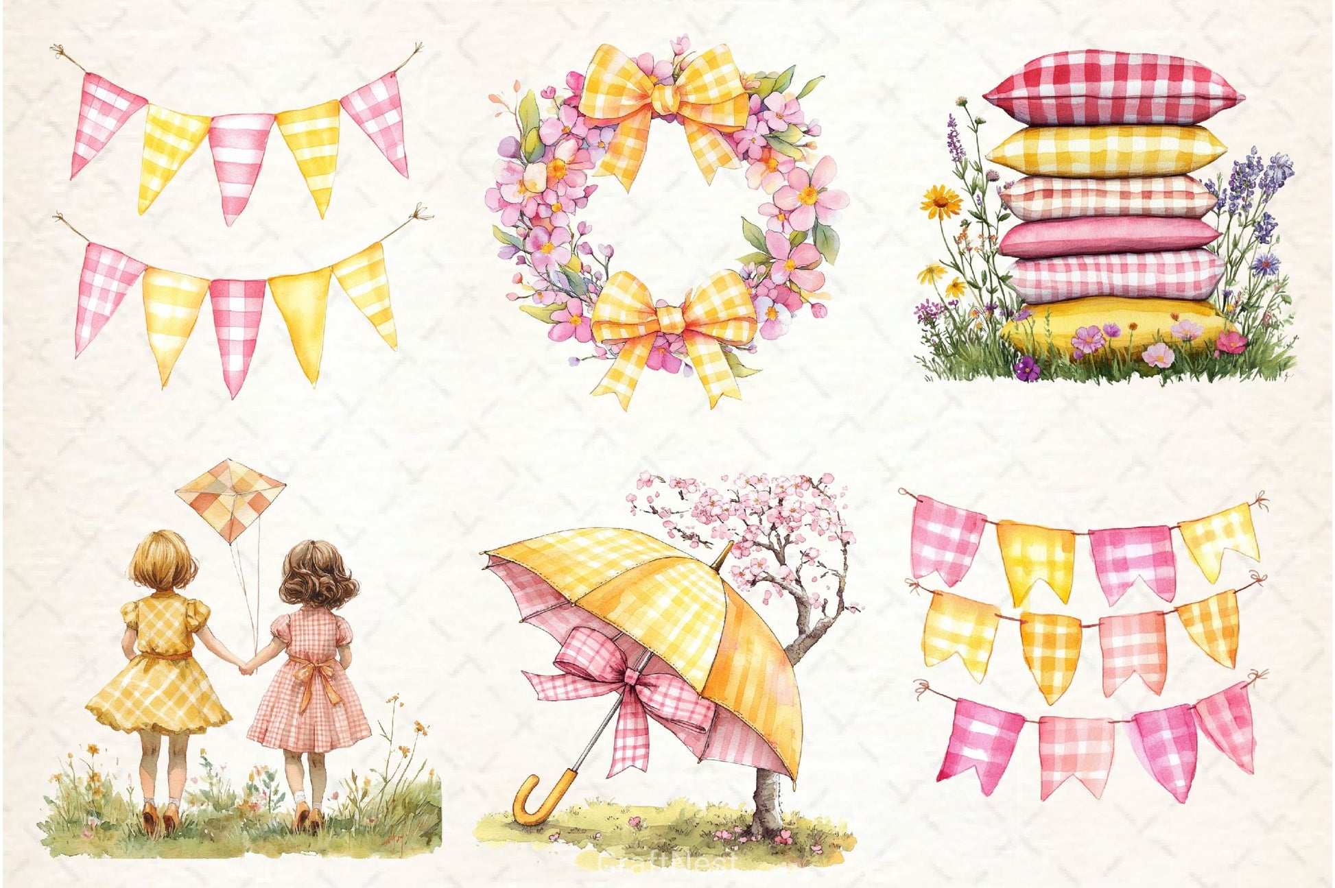 Yellow & Pink Gingham Spring Clipart Bundle - CraftNest - Digital Crafting and Art