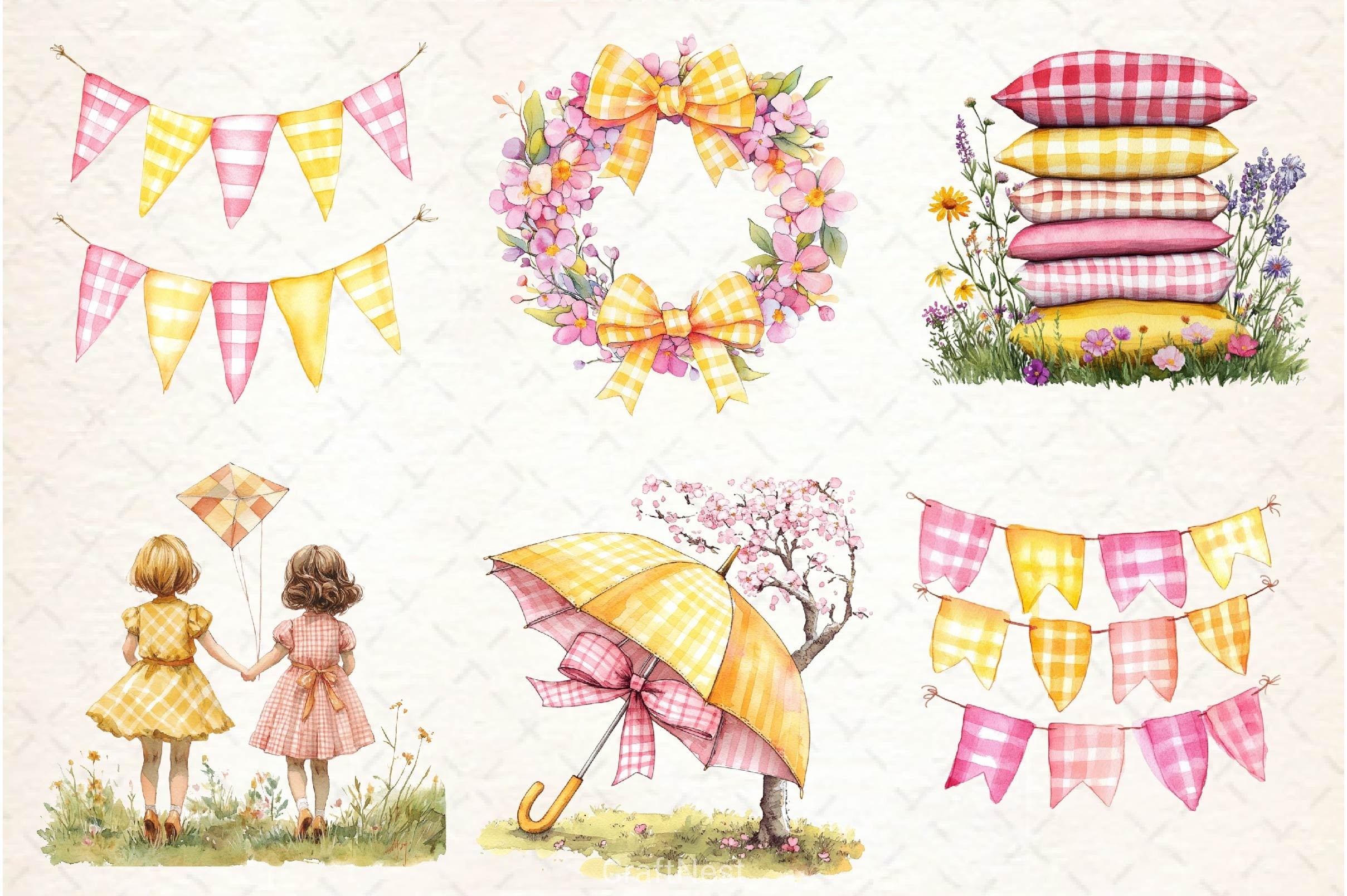 Yellow & Pink Gingham Spring Clipart Bundle - CraftNest - Digital Crafting and Art