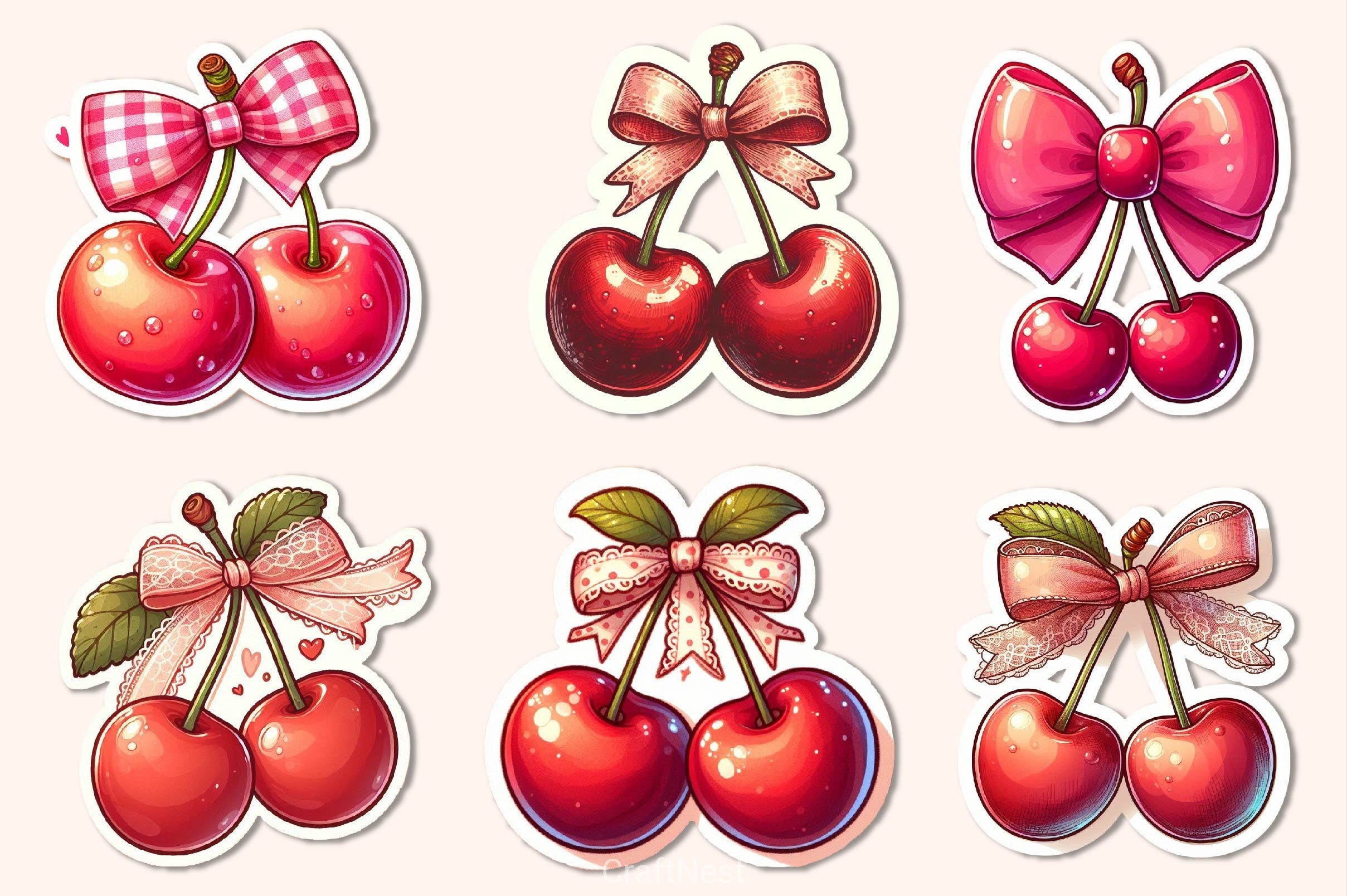 Kawaii Cherry With Bow Clipart Bundle - CraftNest - Digital Crafting and Art