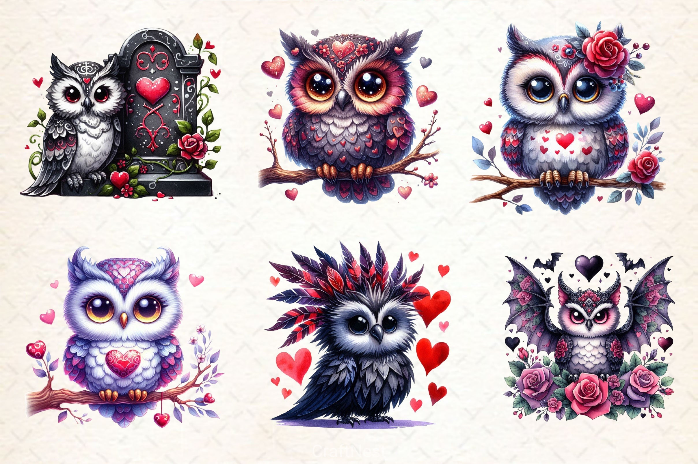 Valentine Gothic Owls Clipart Bundle 3 - CraftNest - Digital Crafting and Art