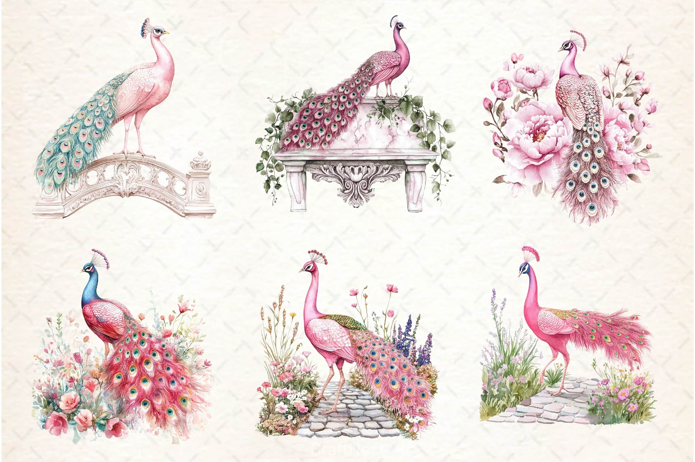Pink Peacocks Garden Clipart Bundle 2 - CraftNest - Digital Crafting and Art