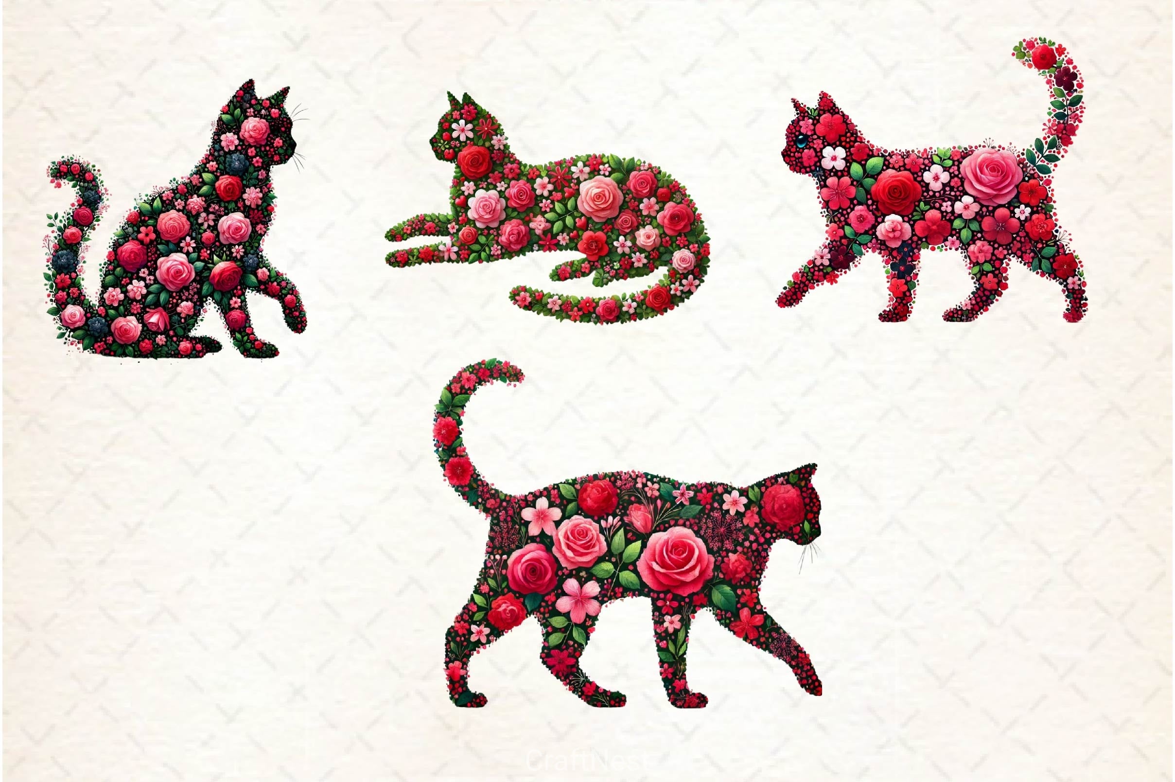 Valentine Pink Roses Cats Clipart Bundle 2 - CraftNest - Digital Crafting and Art