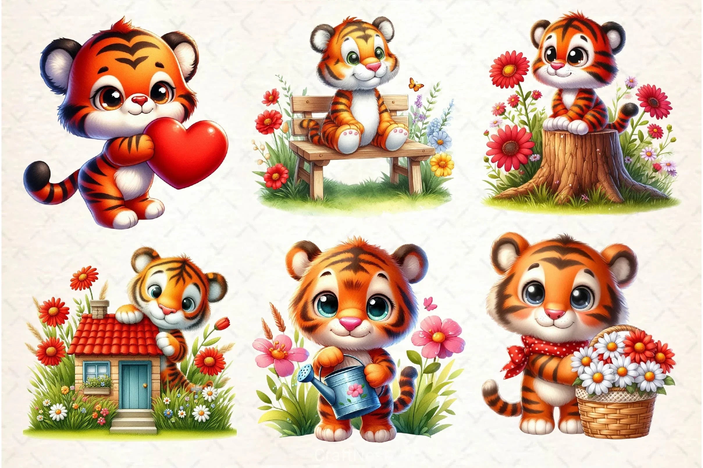 Cute Tiger With Floral Spring Clipart Bundle - CraftNest - Digital Crafting and Art