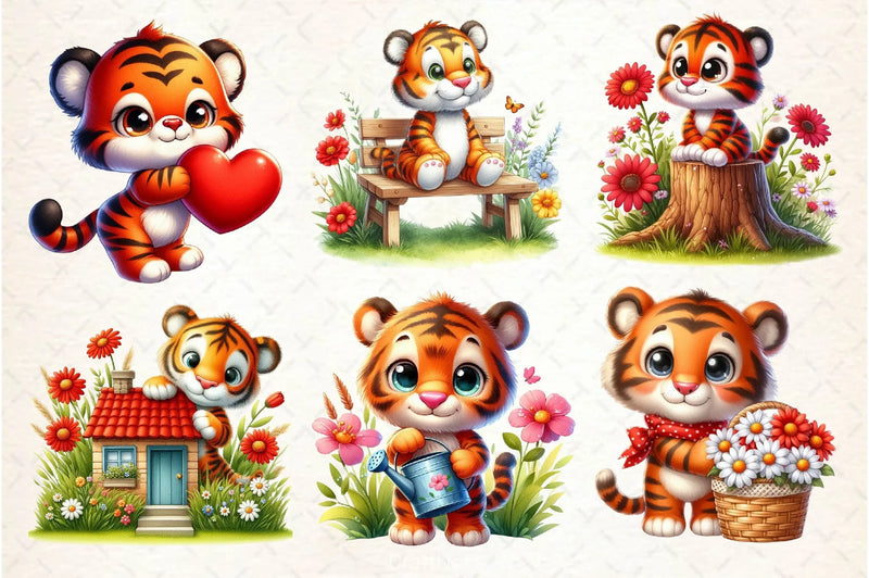 Cute Tiger With Floral Spring Clipart Bundle - CraftNest - Digital Crafting and Art