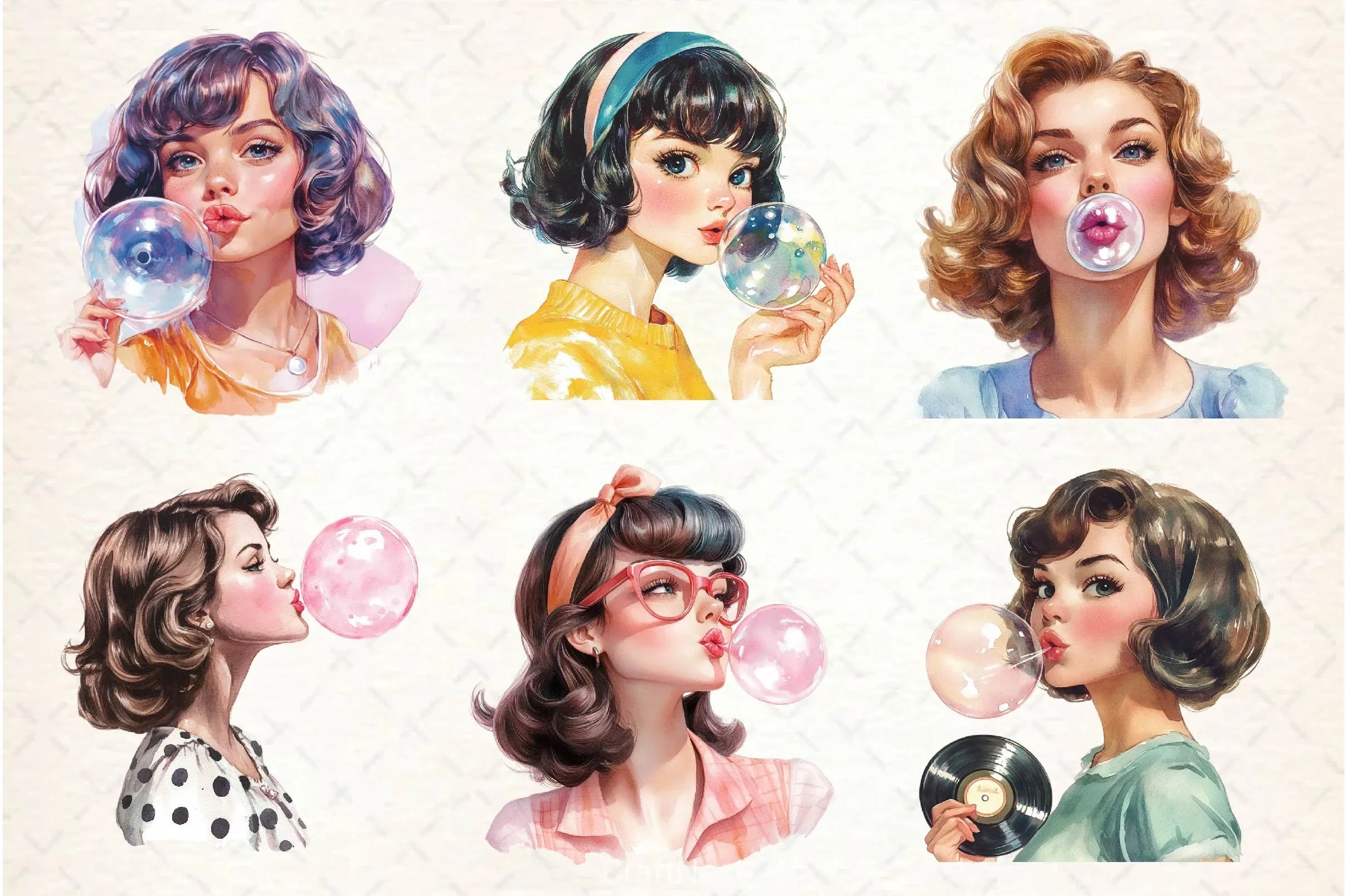 Retro Girl Blowing A Bubblegum Clipart Bundle 2 - CraftNest - Digital Crafting and Art