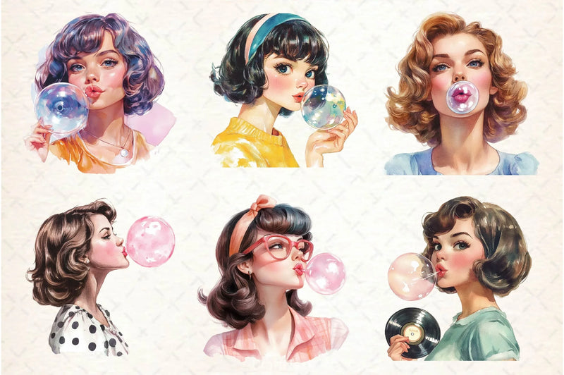 Retro Girl Blowing A Bubblegum Clipart Bundle 2 - CraftNest - Digital Crafting and Art