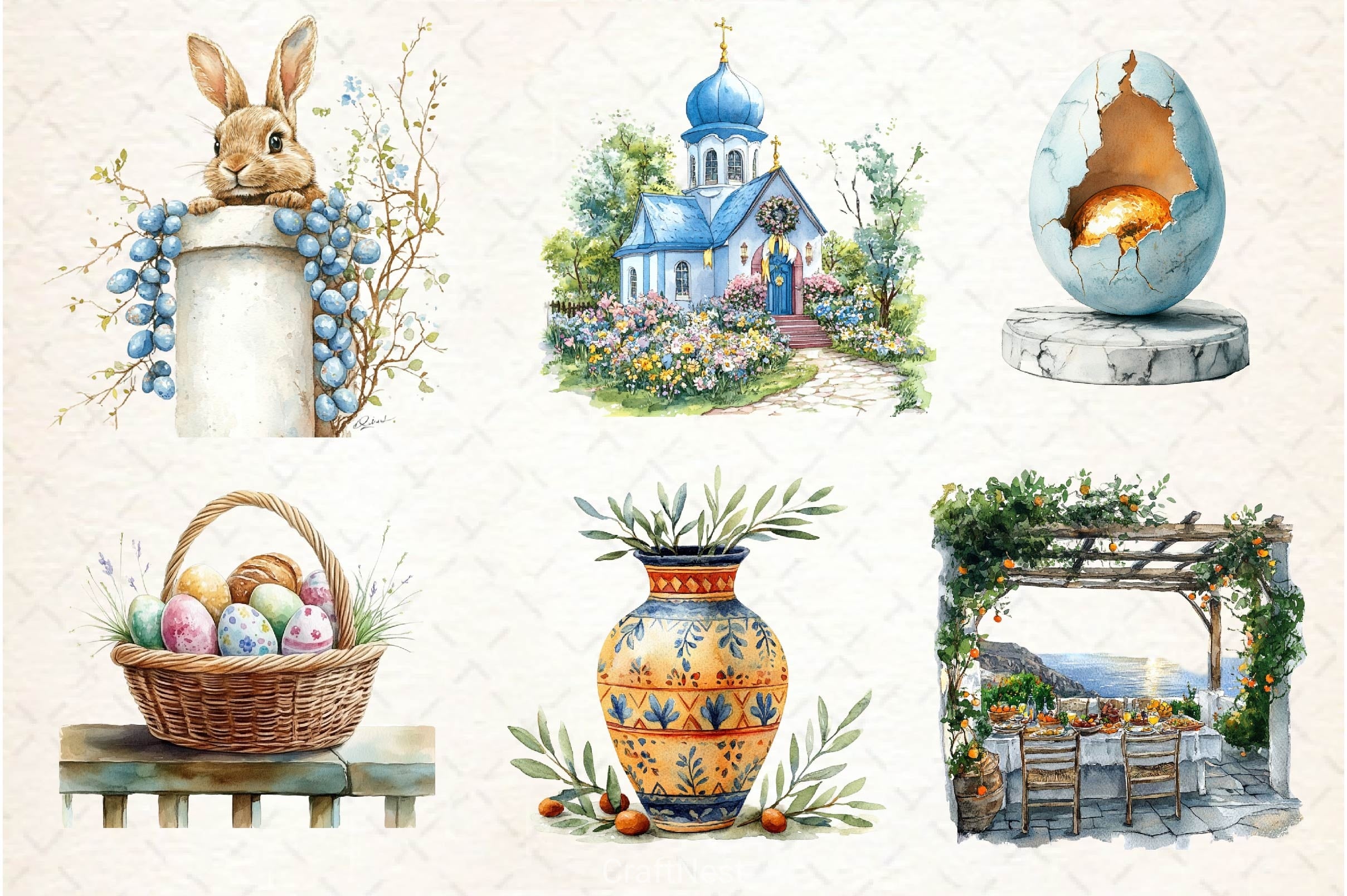 Blue Santorini Easter Day Clipart Bundle 4 - CraftNest - Digital Crafting and Art
