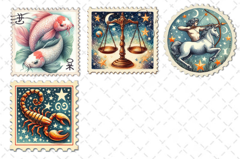 Zodiac Postage Stamp Clipart Bundle - CraftNest - Digital Crafting and Art