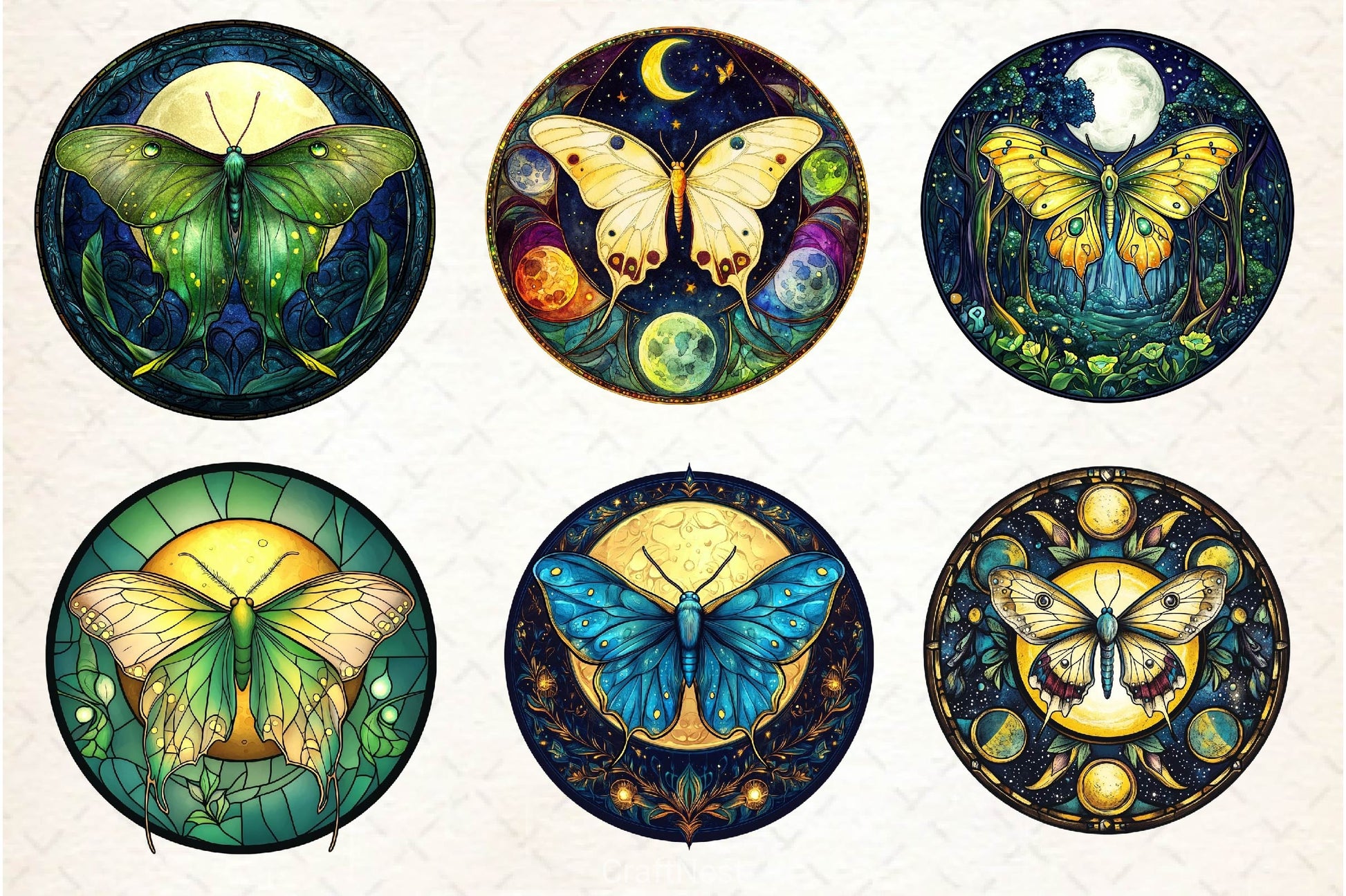 Lunar Moth And Moon Round Stained Glass Clipart Bundle 2 - CraftNest - Digital Crafting and Art