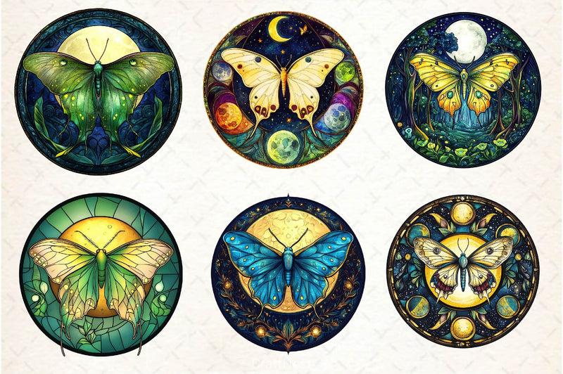 Lunar Moth And Moon Round Stained Glass Clipart Bundle 2 - CraftNest - Digital Crafting and Art