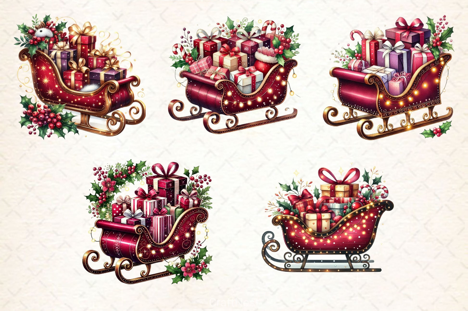 Burgundy Christmas Sleigh Clipart Bundle - CraftNest - Digital Crafting and Art