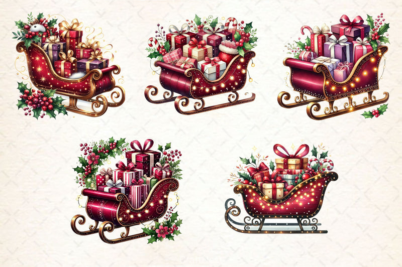 Burgundy Christmas Sleigh Clipart Bundle - CraftNest - Digital Crafting and Art