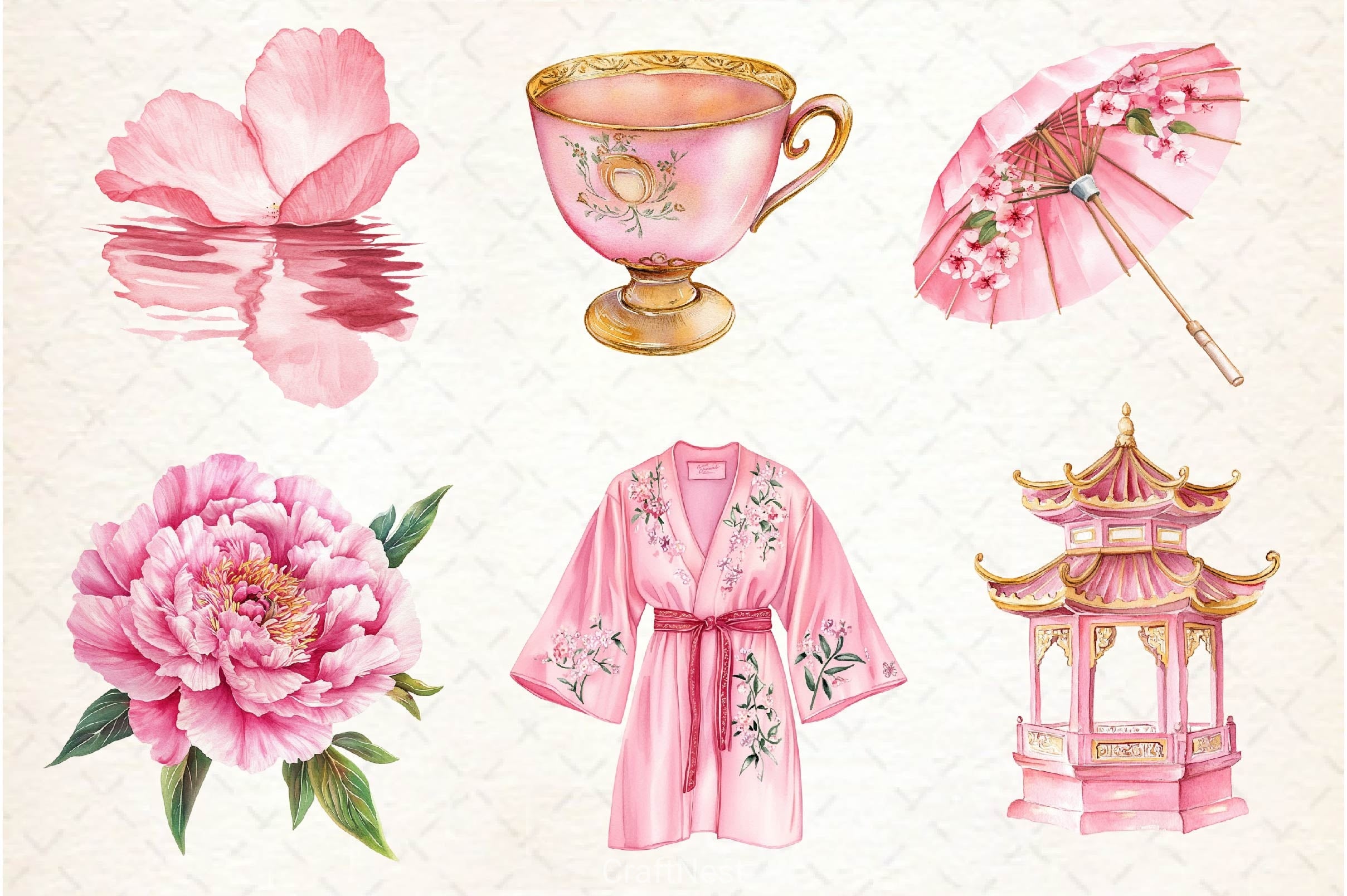 Pink Chinoiserie Summer Clipart Bundle 2 - CraftNest - Digital Crafting and Art