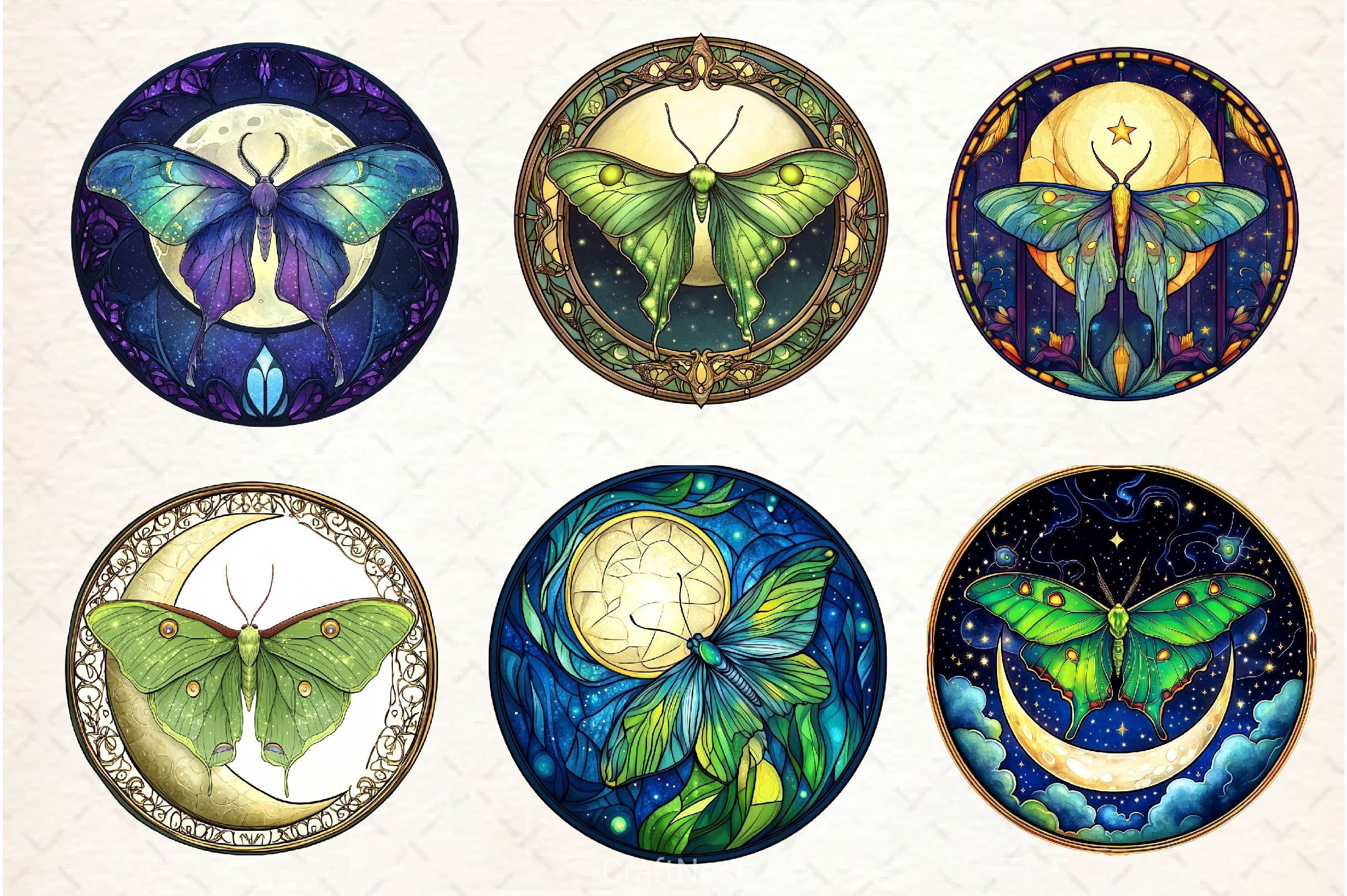 Lunar Moth And Moon Round Stained Glass Clipart Bundle 2 - CraftNest - Digital Crafting and Art