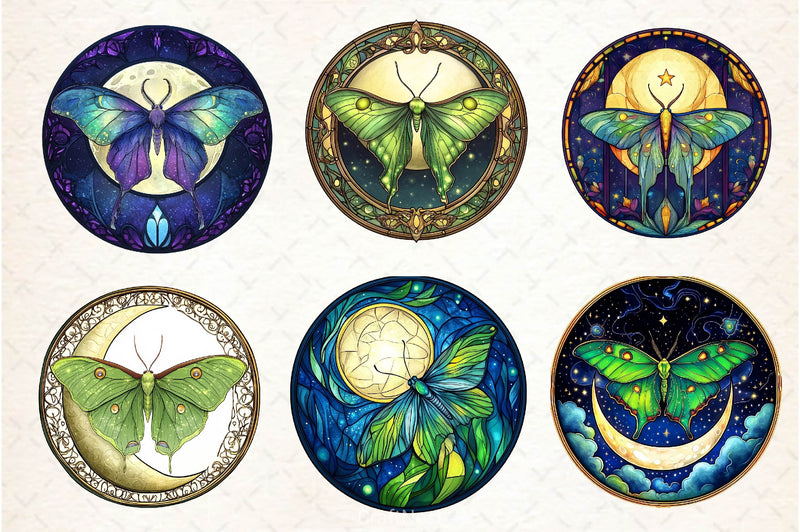 Lunar Moth And Moon Round Stained Glass Clipart Bundle 2 - CraftNest - Digital Crafting and Art