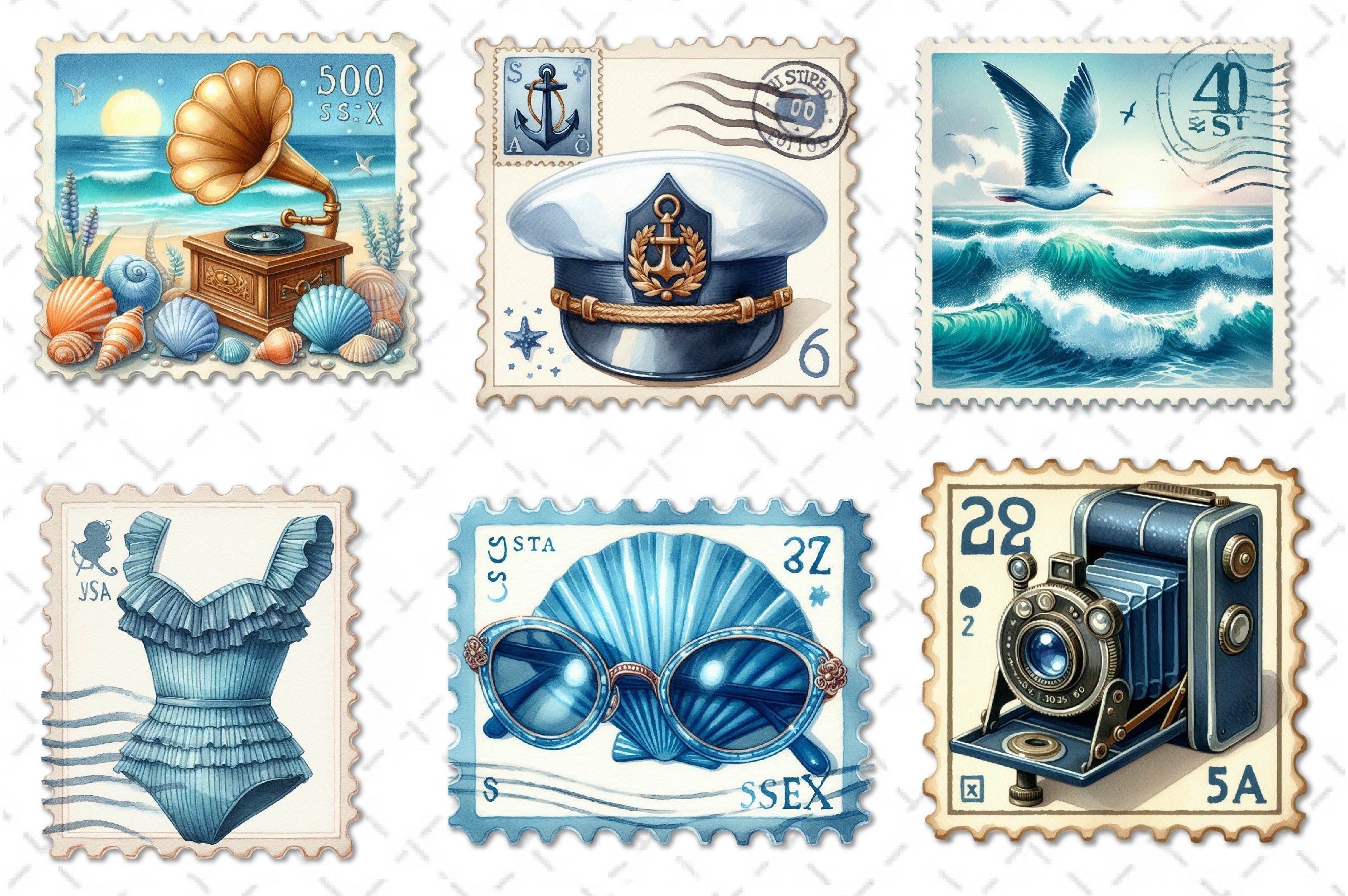Blue Summer 1920 Postage Stamp Clipart Bundle - CraftNest - Digital Crafting and Art