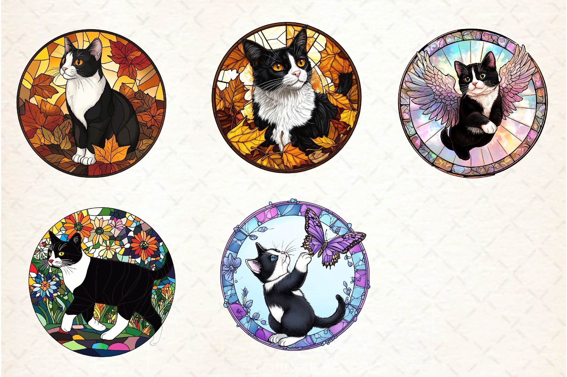 Round Stained Glass Tuxedo Cat Clipart Bundle 2 - CraftNest - Digital Crafting and Art