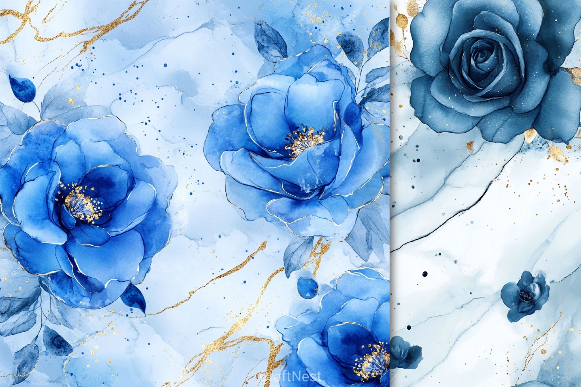 Blue Ink Flowers Digital Paper 4 - CraftNest - Digital Crafting and Art